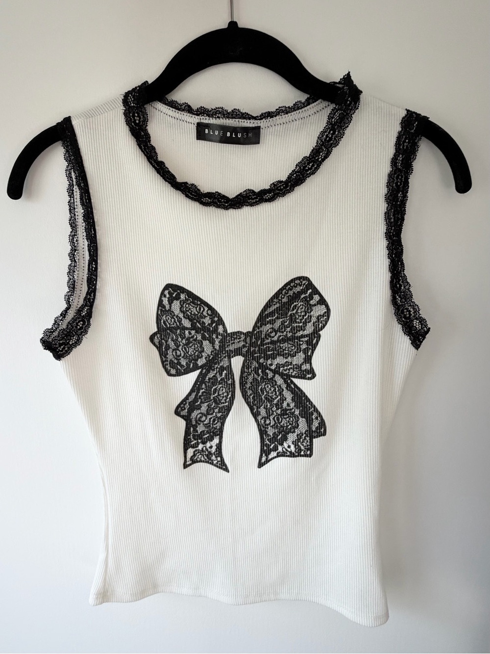 Blue Blush White Ribbed Tank with Black Lace Bow